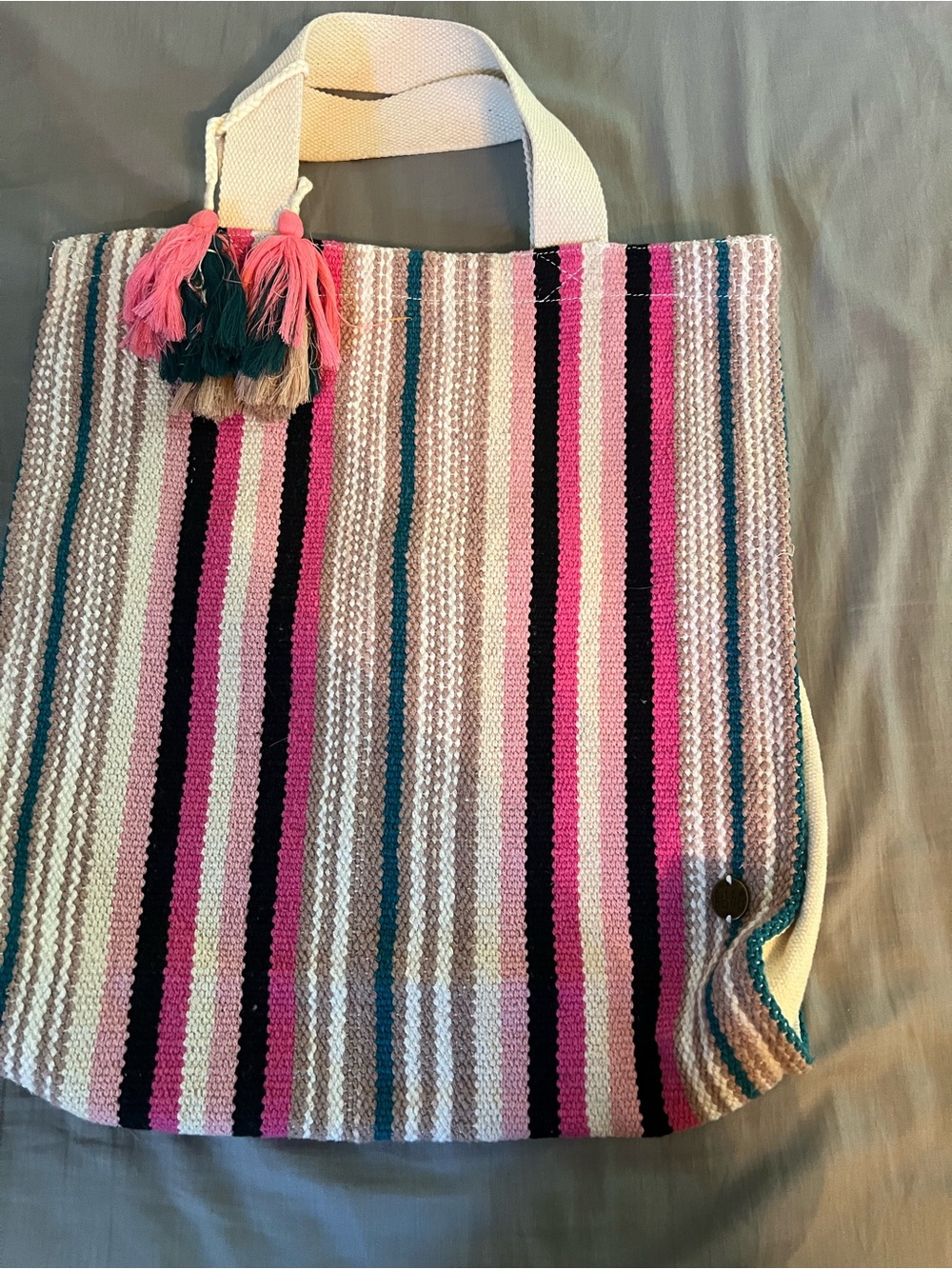 Billabong Pink, Black & Cream Striped Tassel Tote